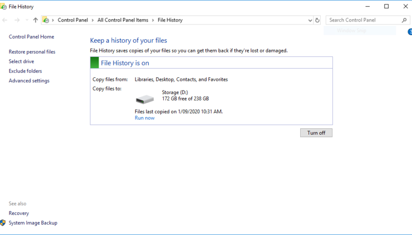 windows 10 file history not backing up